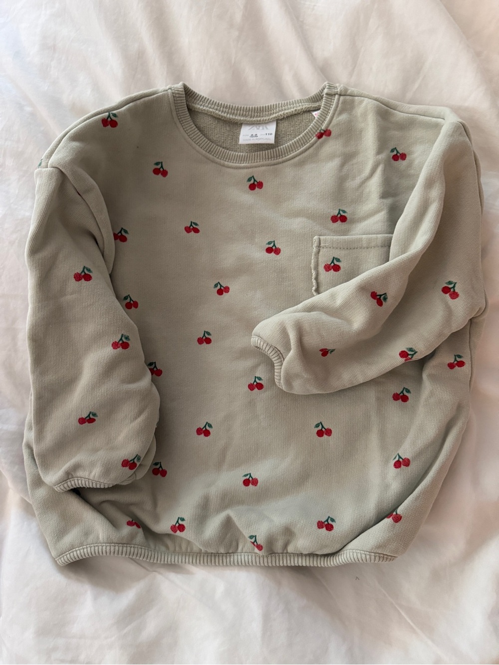 Zara Sage Green Crewneck Sweatshirt with Red Cherry Print